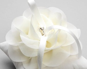 Ivory wedding ring pillow, chiffon flower bridal ring pillow, wedding decor - Aria