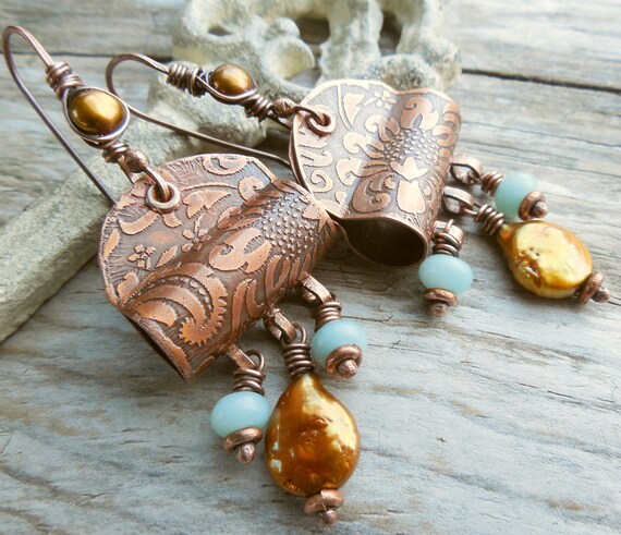 Copper Metalwork Earrings with Golden Yellow Pearl by lunedesigns