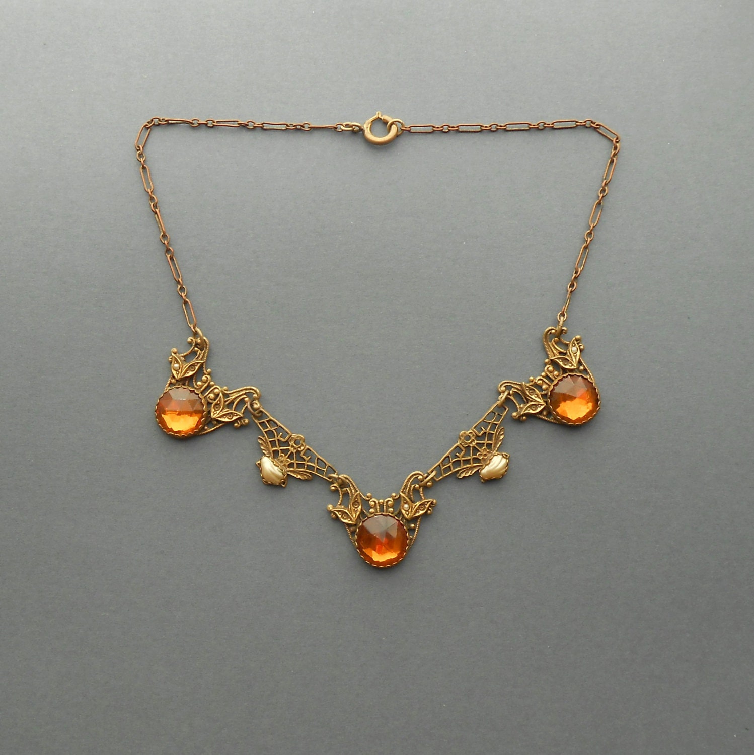 Art Deco Necklace Czech Mirrored Amber Glass Faux By Pinguim