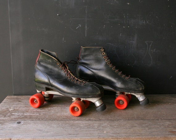 Vintage Mens Roller Skates Black Leather Boots Red by nowvintage