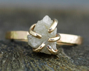 Prong-Set Rough Large Diamond Engagement Ring in 18k White or Yellow Gold- Size E Diamonds