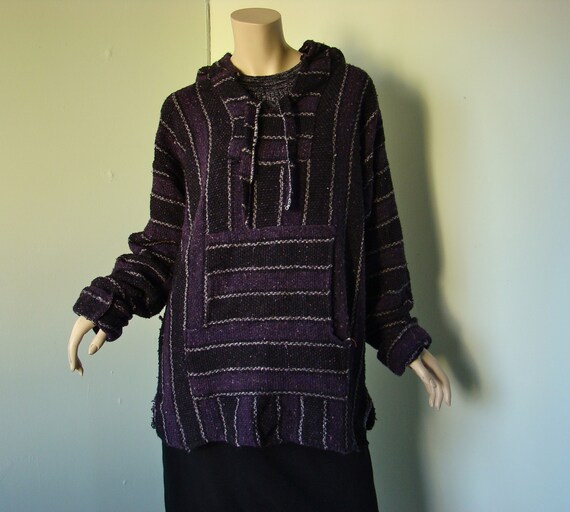 Purple & Black Baja Hoodie Top Poncho Striped Grunge