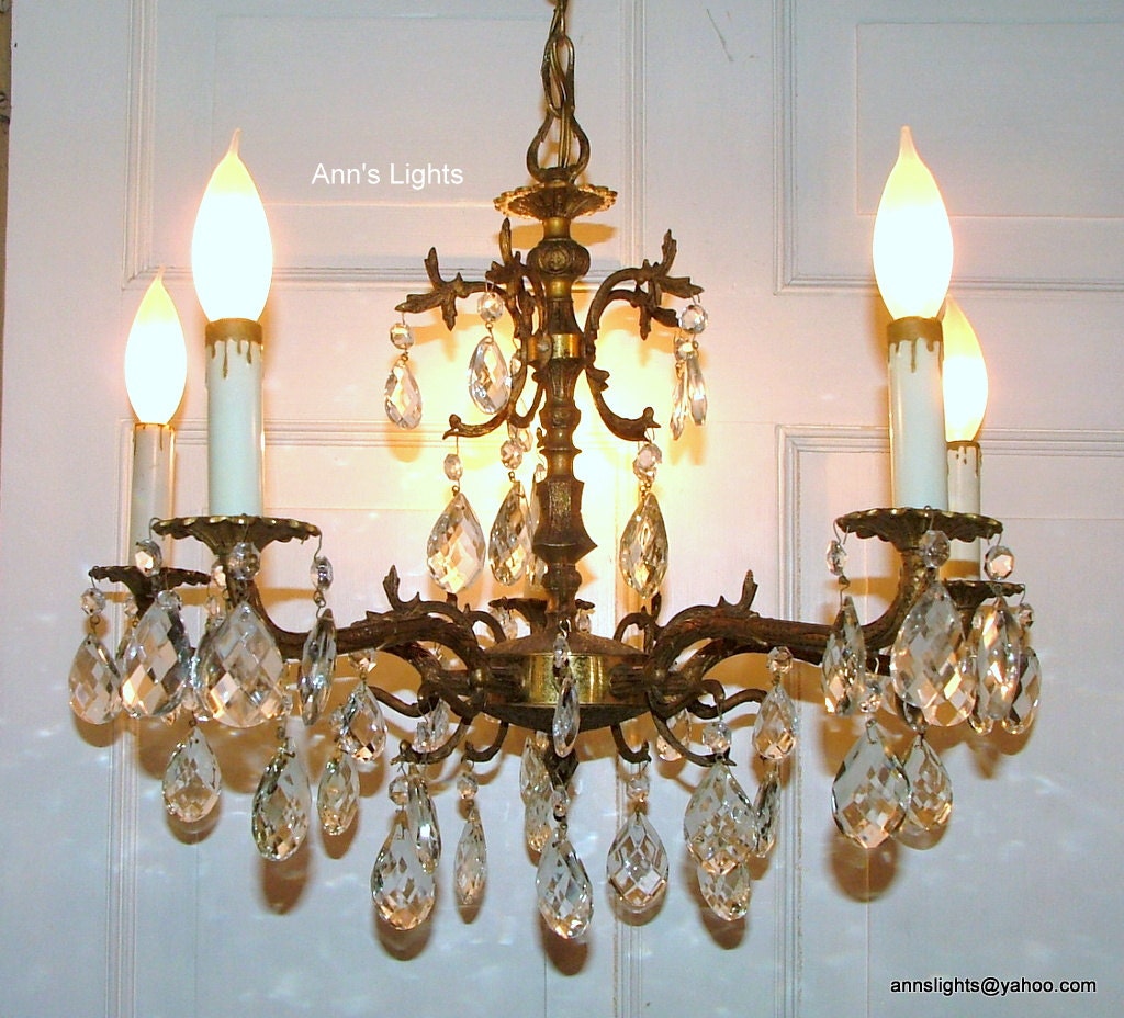 Vintage 50 Prism Brass Chandelier Lighting Made In Spain