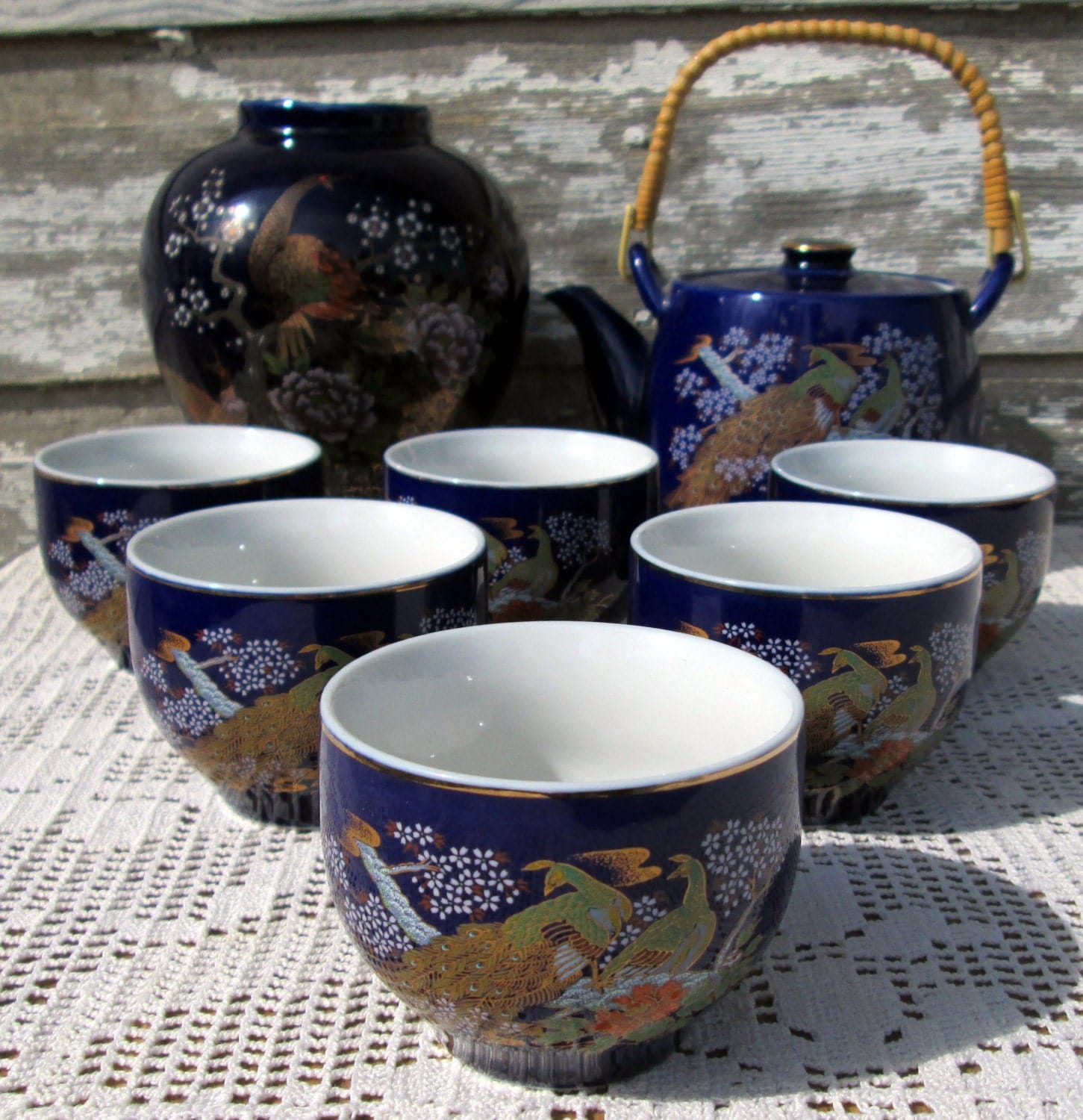 Vintage Japanese Tea Set Cups Teapot and vase Cobalt blue Hand