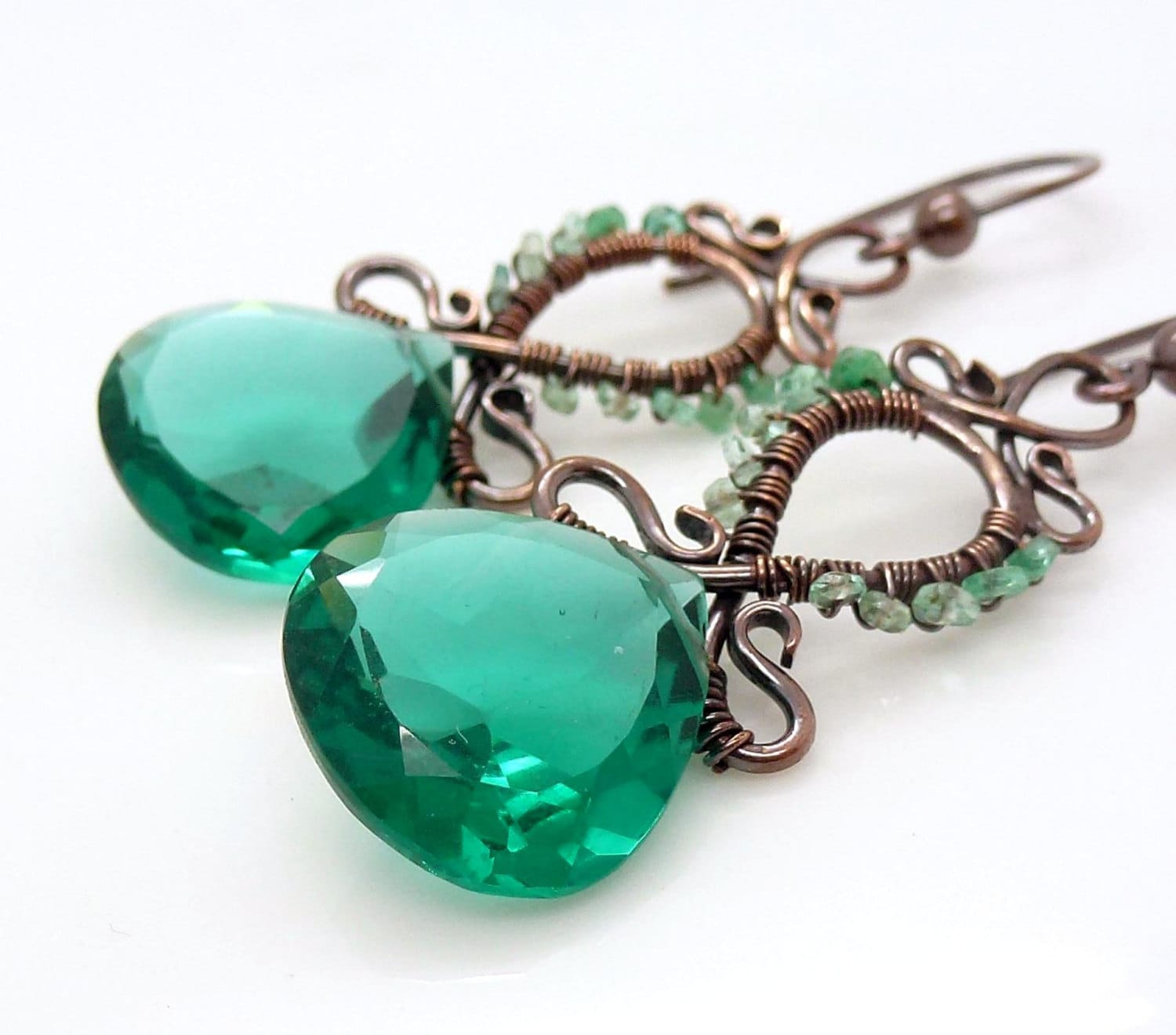 Copper dark green earrings big long emerald by CreativityJewellery