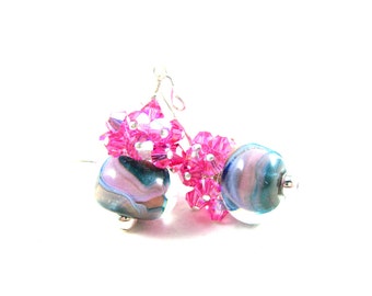 Pink Crystal Earrings, Blue Peach Pink Earrings, Boro Lampwork Earrings, Cluster Earrings, Pastel Glass Earrings - Gentle Breeze