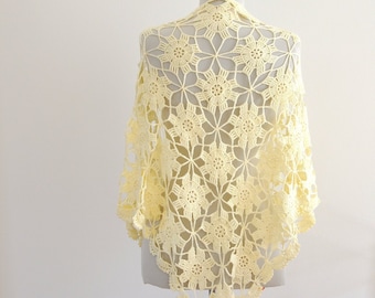 Crochet Scarf Shawl Weddings Shawl Ivory Cream Cotton Unique Delicate Chic Romantic