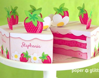 Strawberry Shortcake Paper Cake Slice in PINKS favor baking party box printables - Editable Text Printable PDF 1053