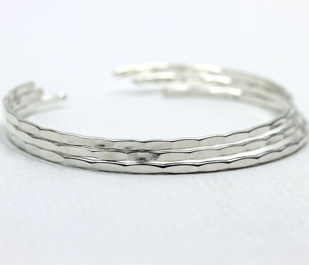 3 Thin Silver Cuffs Hammered sterling silver bangles custom