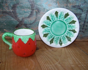 Strawberry, Tea Cup Saucer, Les Fraises, Majolica, Green and Red, Tea Party, Childs Cup, Vintage