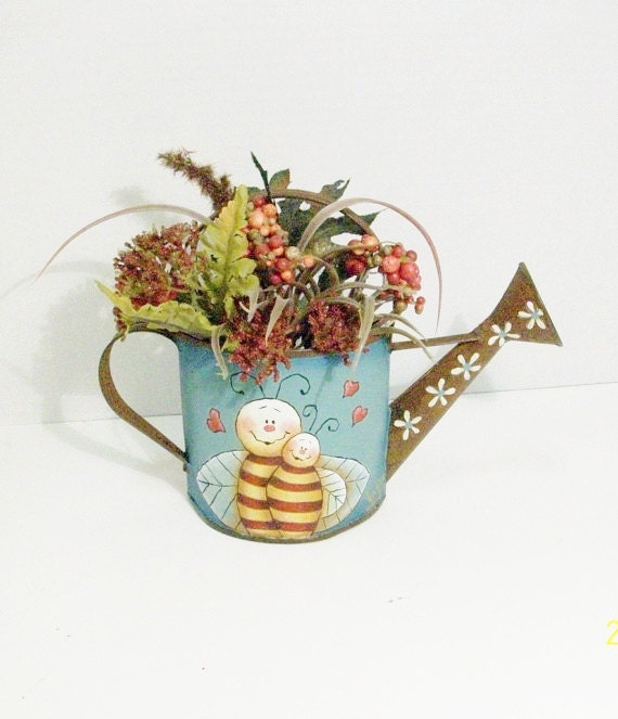 Hand Painted Rusty Tin Watering Can Wall Pocket