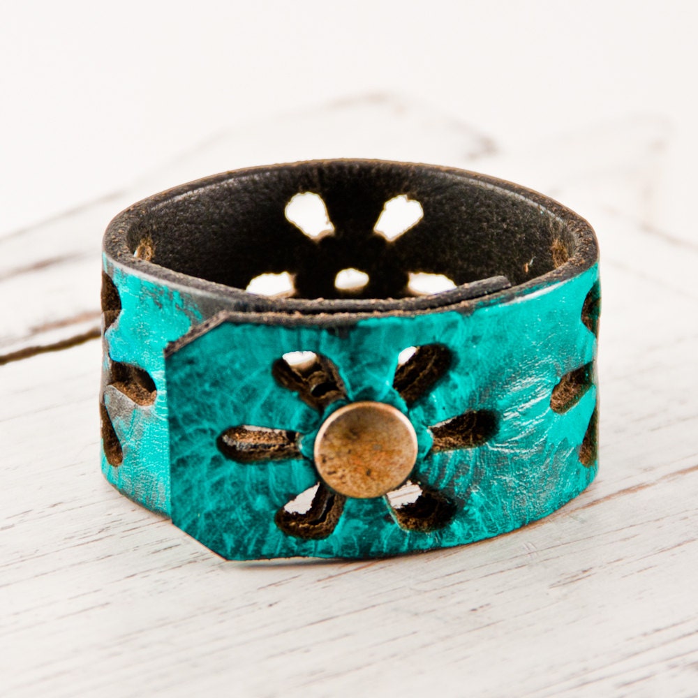 Turquoise Jewelry Leather Cuff Flower Bracelet By Rainwheel