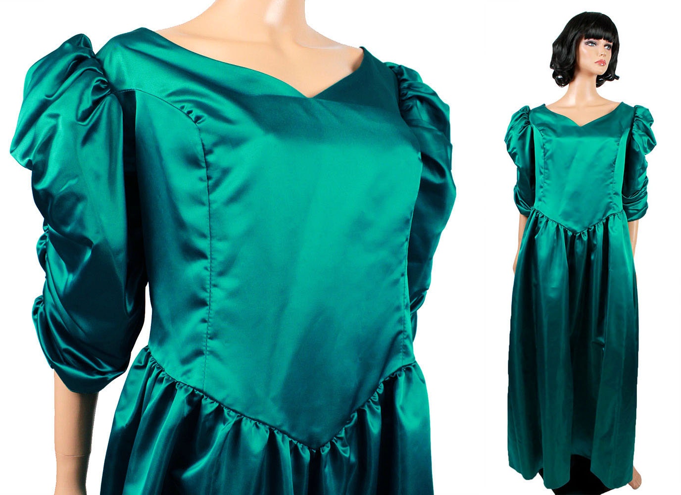 80s Prom Dress XXL 2X Plus Size 42 Dark Teal Blue Green Satin
