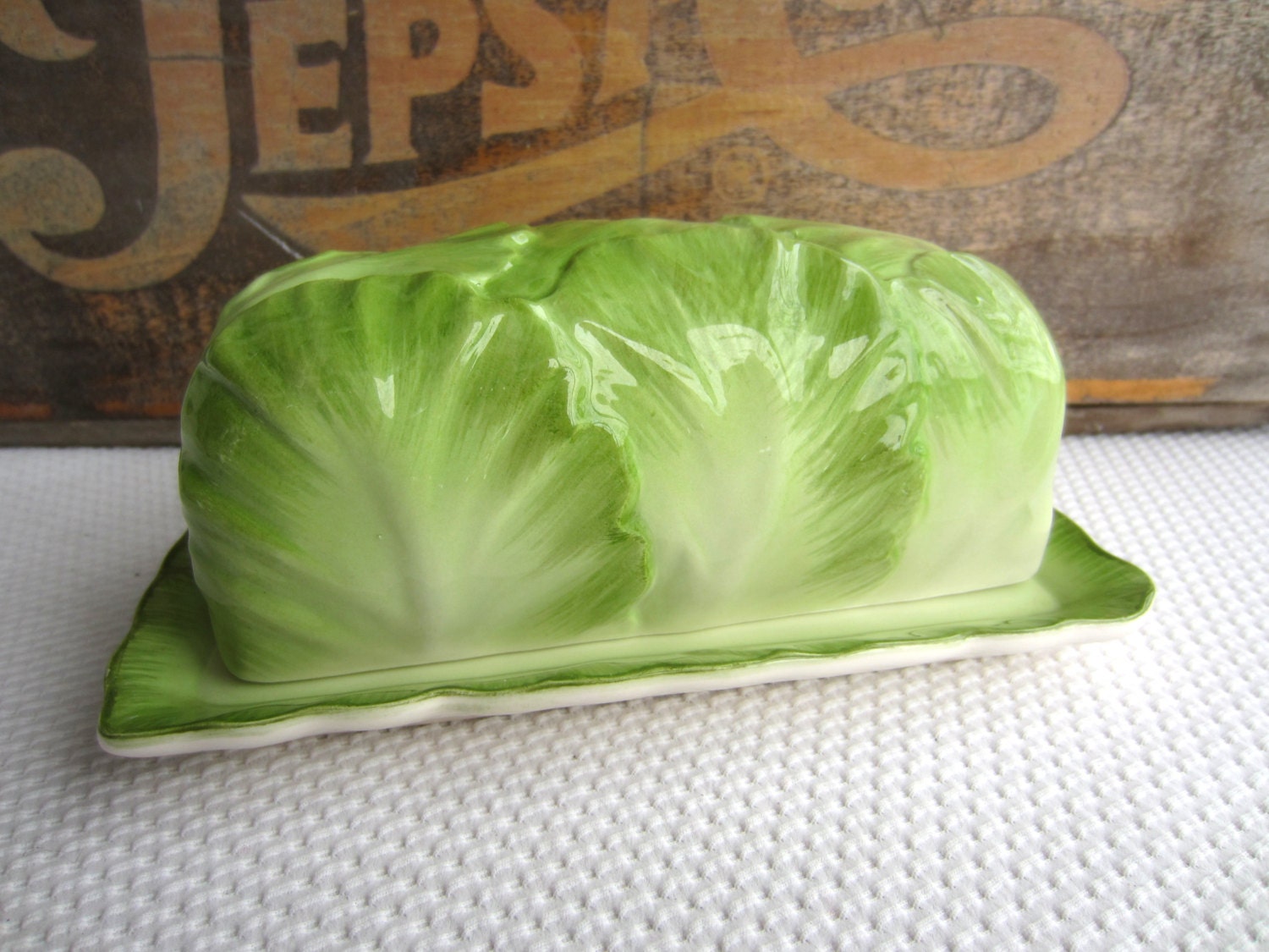 Vintage Green Cabbage Leaf Butter Dish by Otagiri by corrnucopia