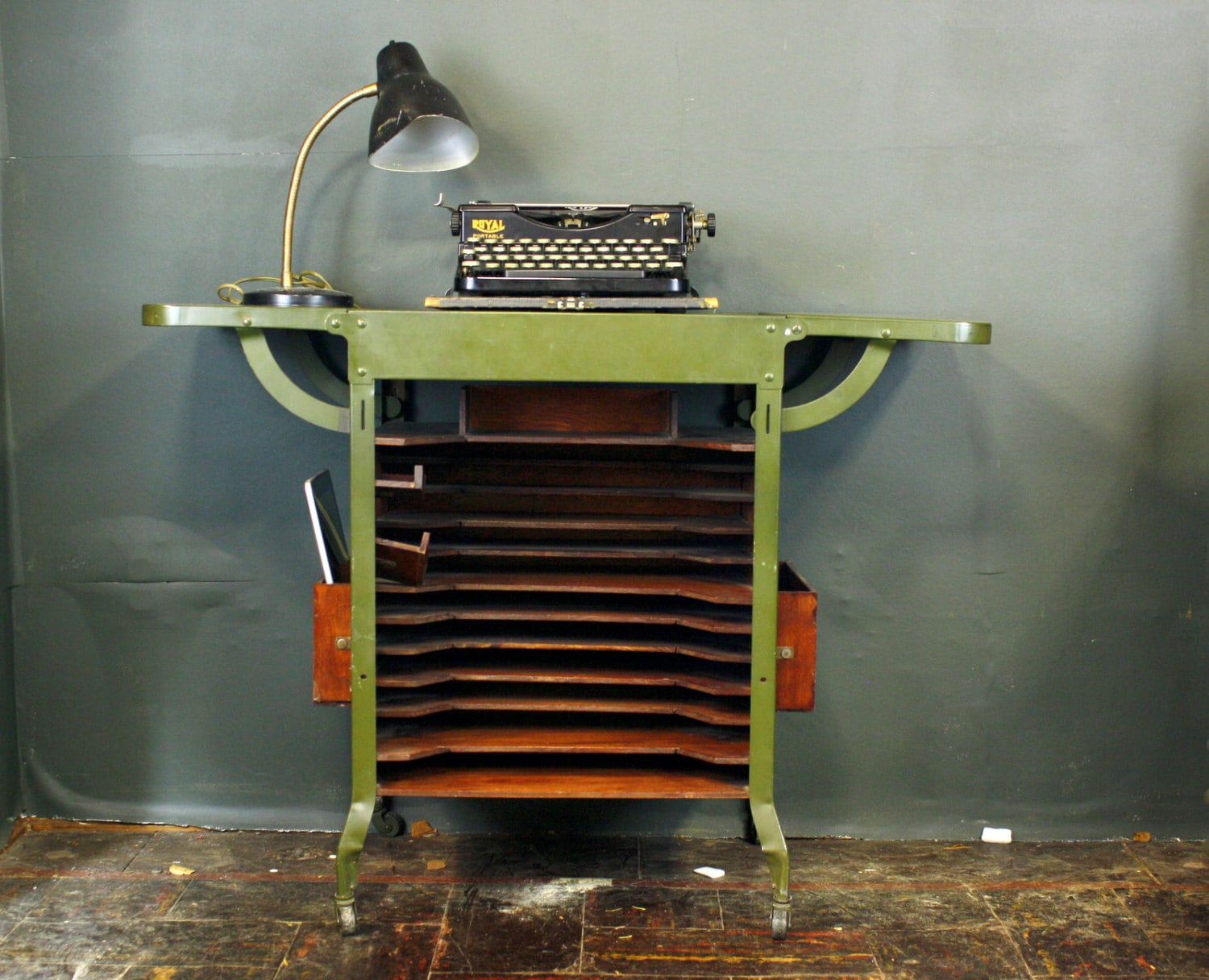 Vtg 40s Industrial Metal Typewriter Table Desk w/ Wood File Shelving