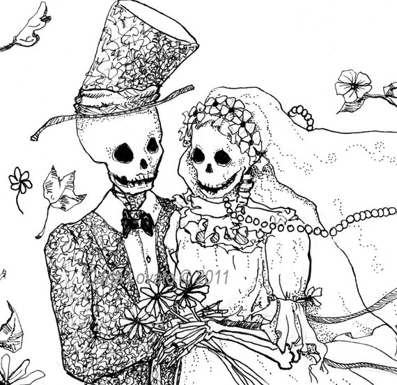 Day of the Dead Drawing Skeleton Bride and Groom Giclee