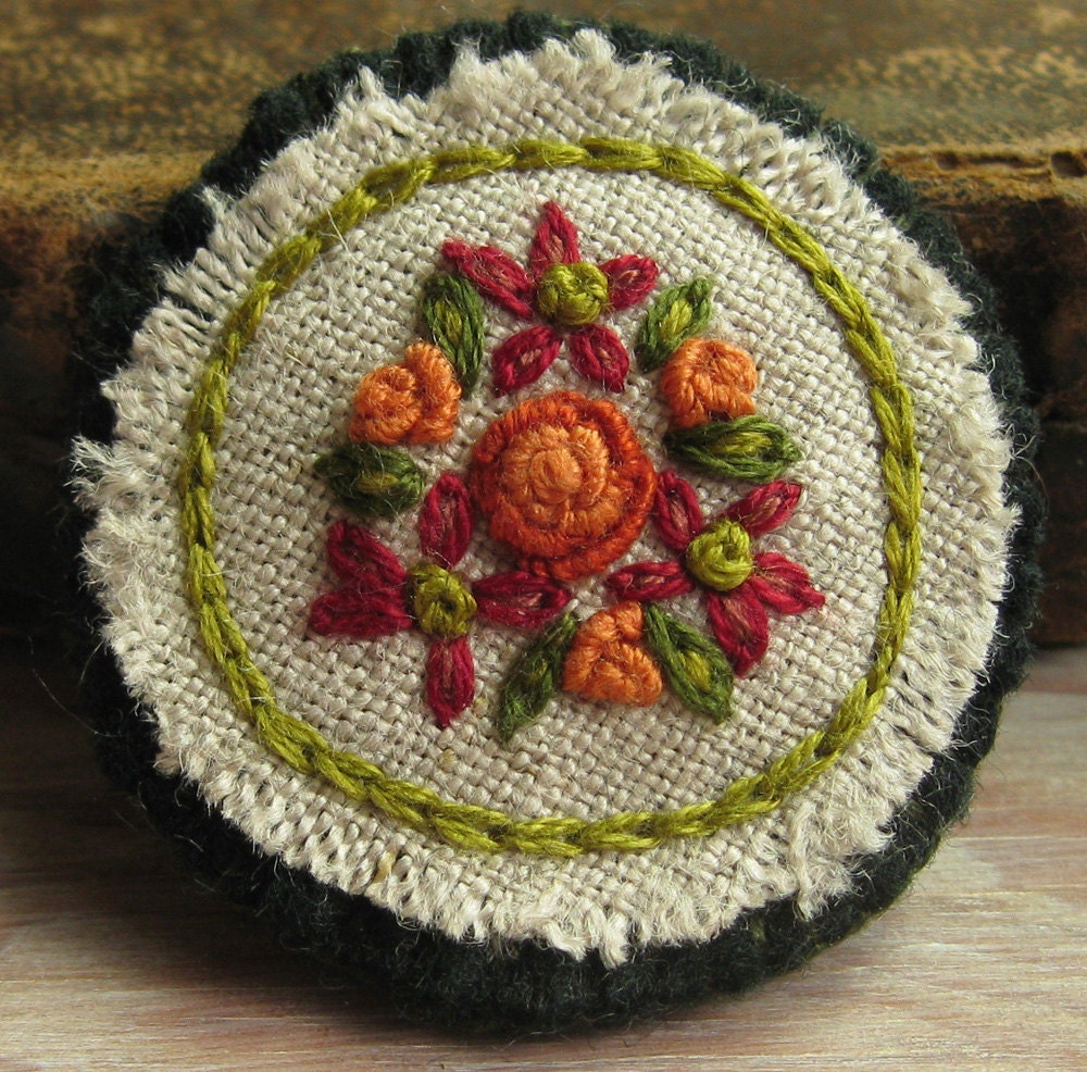 Orange Roses Embroidered Brooch