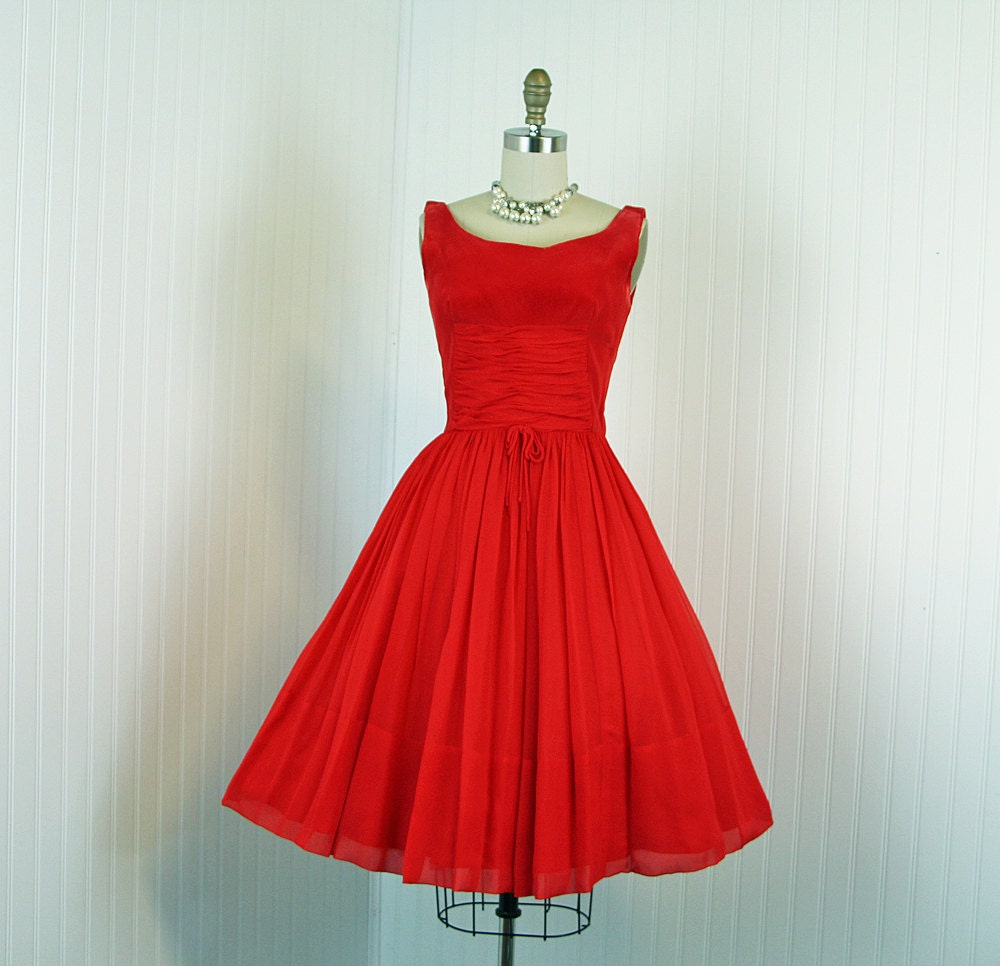 1960s Dress Vintage 60s Dress Red Chiffon Party by jumblelaya