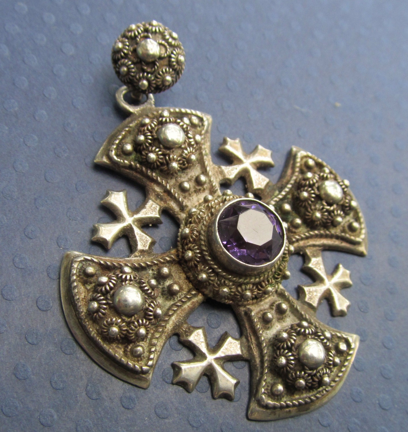 Antique Jerusalem Cross 950 Silver Religious Pendant With A