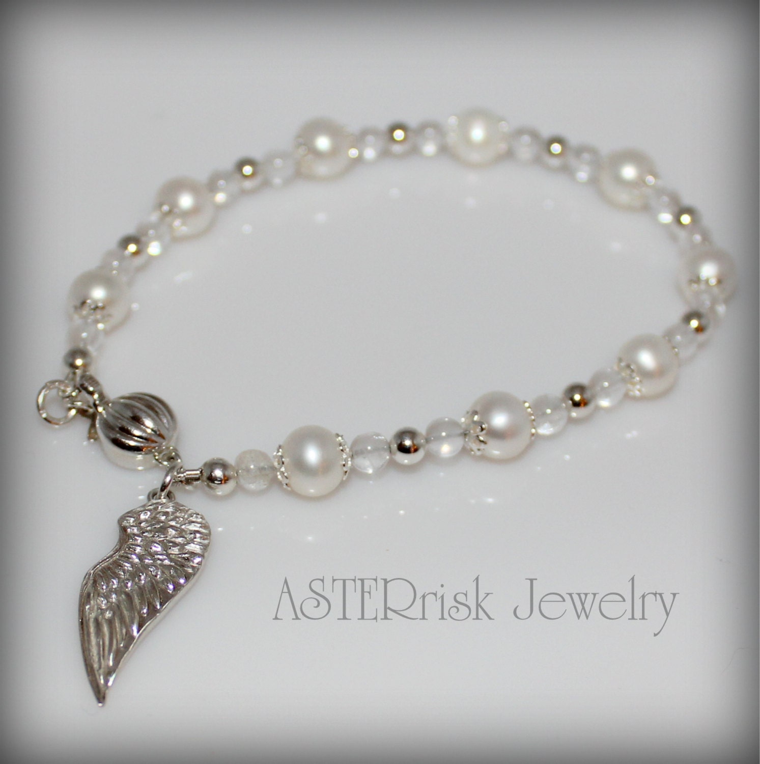 Bracelet Pearl Sterling Silver Angel Wing by ASTERriskJewelry