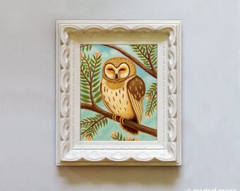 Barn Owl art print childrens room decor forest baby boy room wall - 8x10 print woodland art - Sleepy Owl by Marisol Spoon