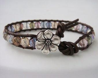 Rainbow Beaded Leather Bracelet with Daisy Button by tinacdesigns