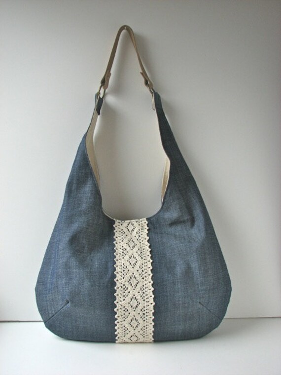 SALE Slouchy Hobo Bag in Navy Blue Denim with Ivory Lace and