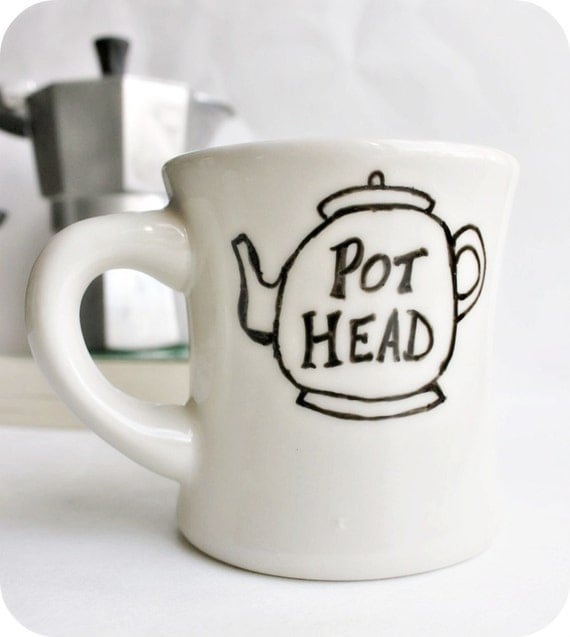Funny Mug tea mug tea cup diner mug black white hand painted pot head