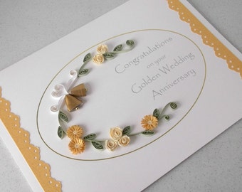 Quilled 50th golden wedding anniversary card, handmade greeting