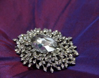 Rhinestone Brooch Pin DIY Bride Oval Crystal Starburst Crowded by Small ...