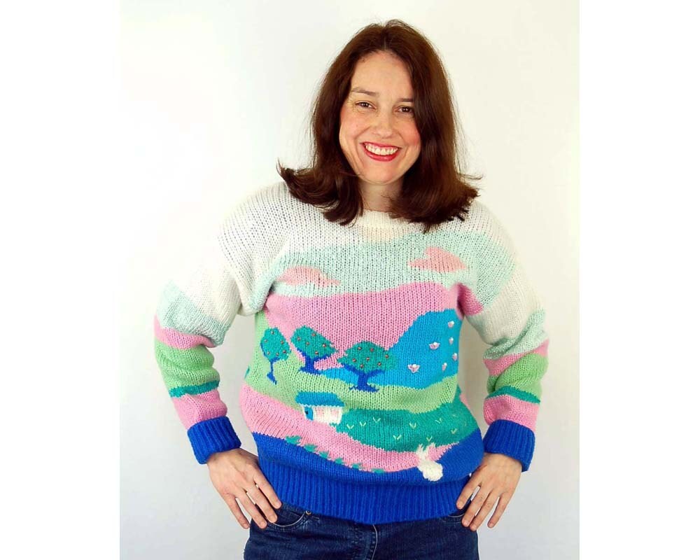 1980s sweater landscape sweater slouchy sweater bunny