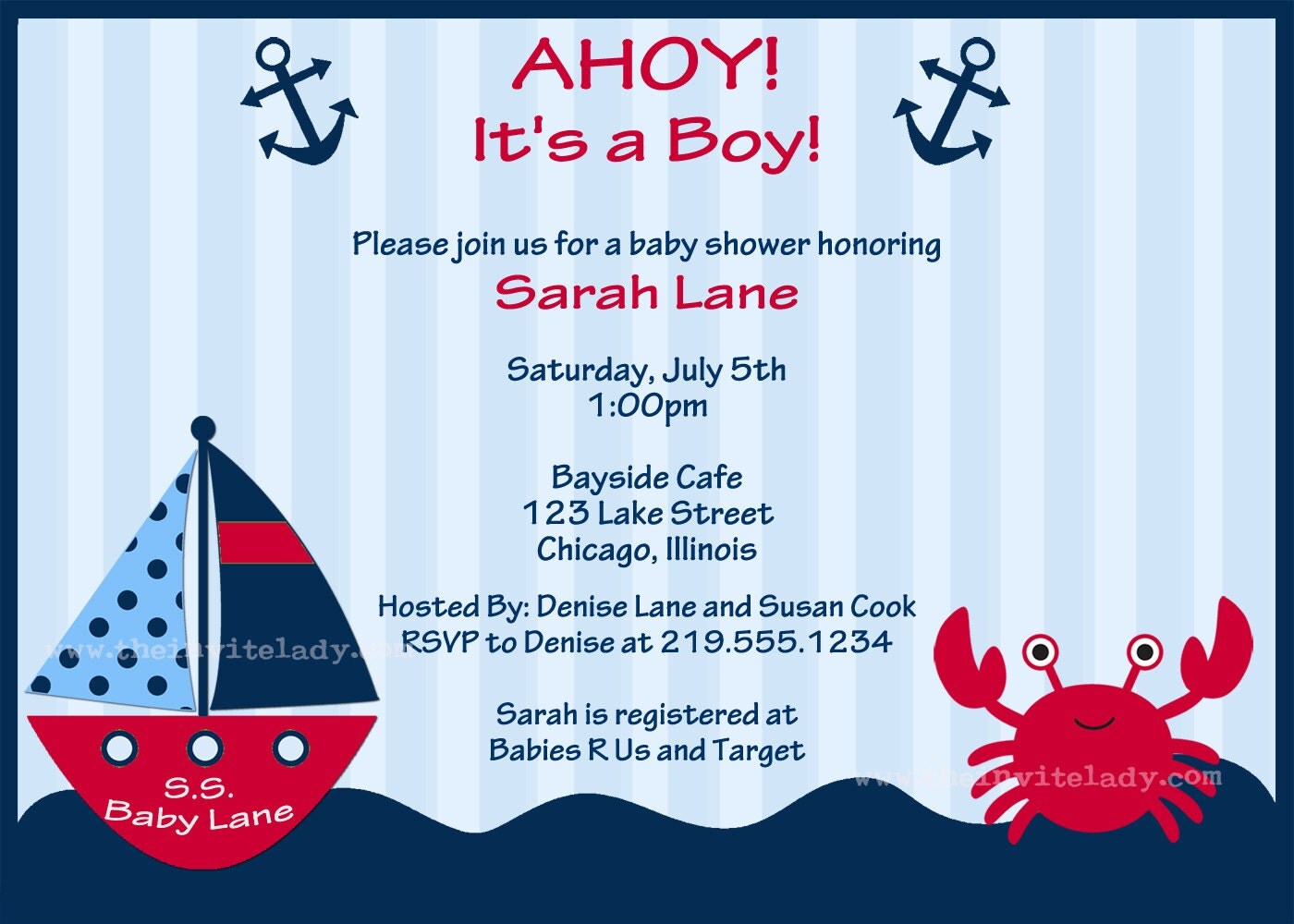 Digital Nautical Baby Shower Invitation Crab and Boat Invite