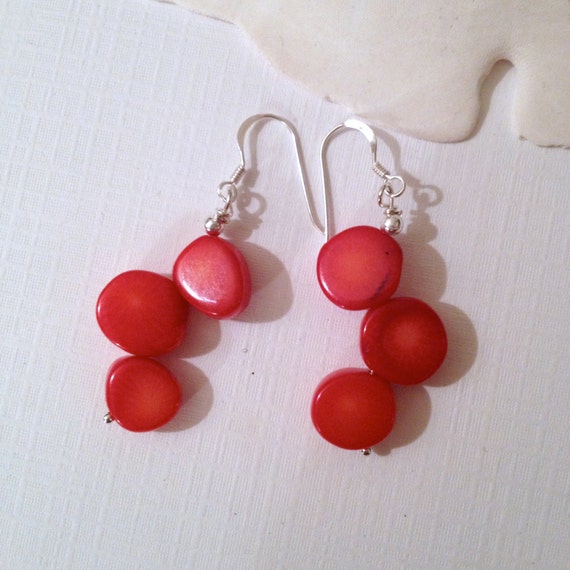 Items similar to Red Coral Dangle Sterling Silver Earrings on Etsy
