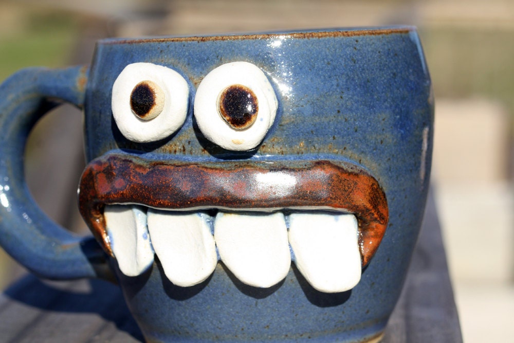 Valentines Gifts for Him. Nervous Overbite Coffee Cup. Blue