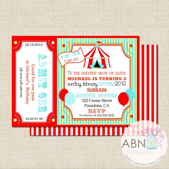 Circus Invitation - Carnival Invitation - Big Top Invitation - Aqua and Red - DIY PRINTABLE Il_570xn