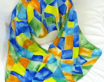 Silk Scarf, Hand Designed,Crepe de Chine Silk, Stained Glass, Or Table Runner