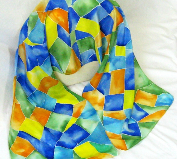 Silk Scarf, Hand Designed,Womens Fashion,Apricot,Blue, Green,CrepeDe Chine, Silk Stained Glass