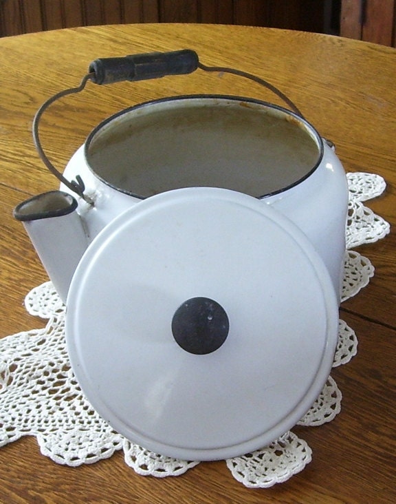 Antique White Enamel Ware Stove Top Water Kettle Black Trim