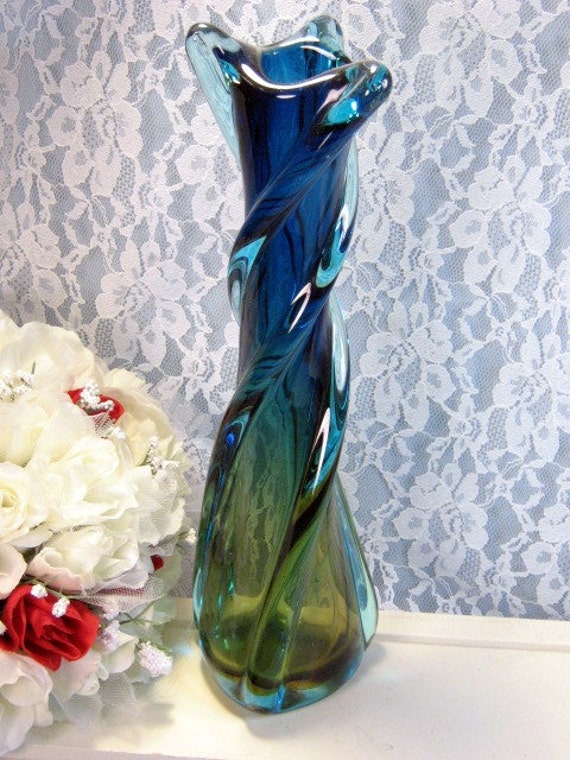 Vintage Murano Art Glass Italy Vase Blue Green Twisted Vase 6428