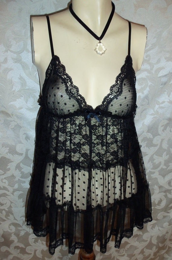 Vintage Victorias Secret Black Lace CHemise BabyDoll Nightgown