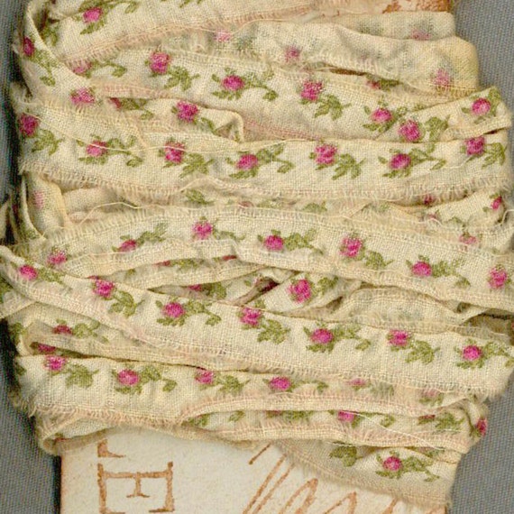 5 yards pink roses cotton seam binding doll ribbon vintage paris tag tea dyed c771 by oohLaLaCrafts