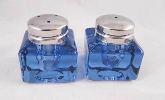 Vintage Blue Glass Salt & Pepper Shakers Square Design