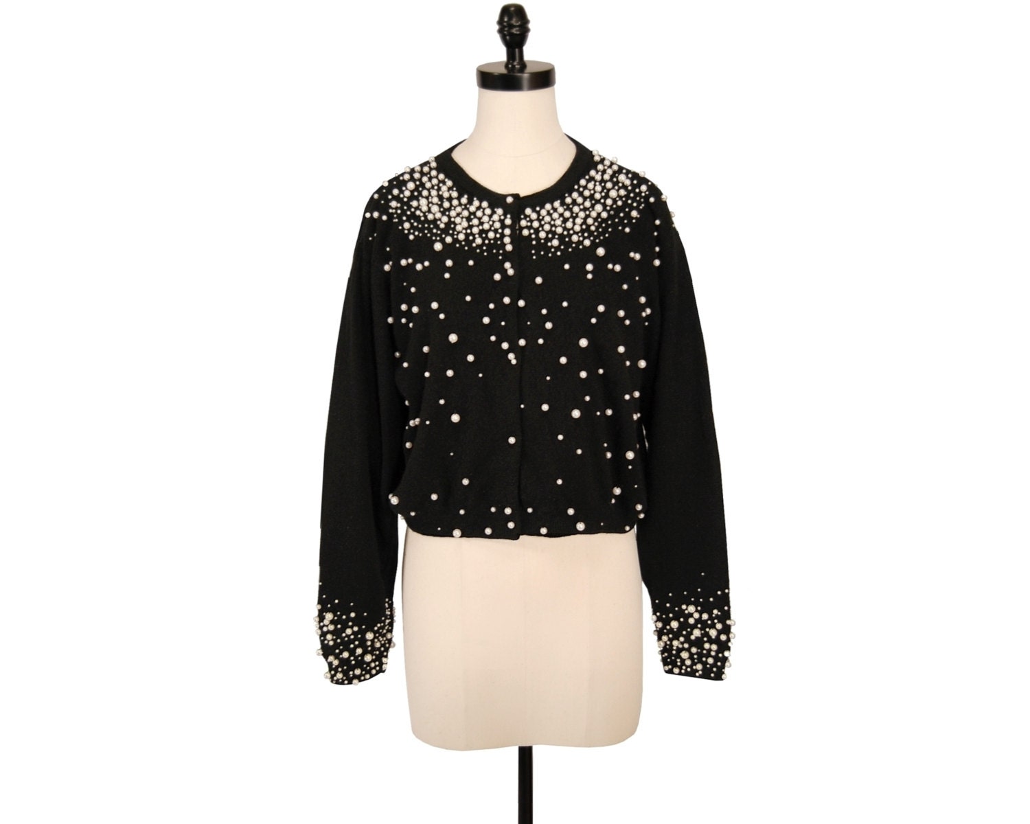 Vintage Pearl Embellished Beaded Cardigan Sweater Black XL