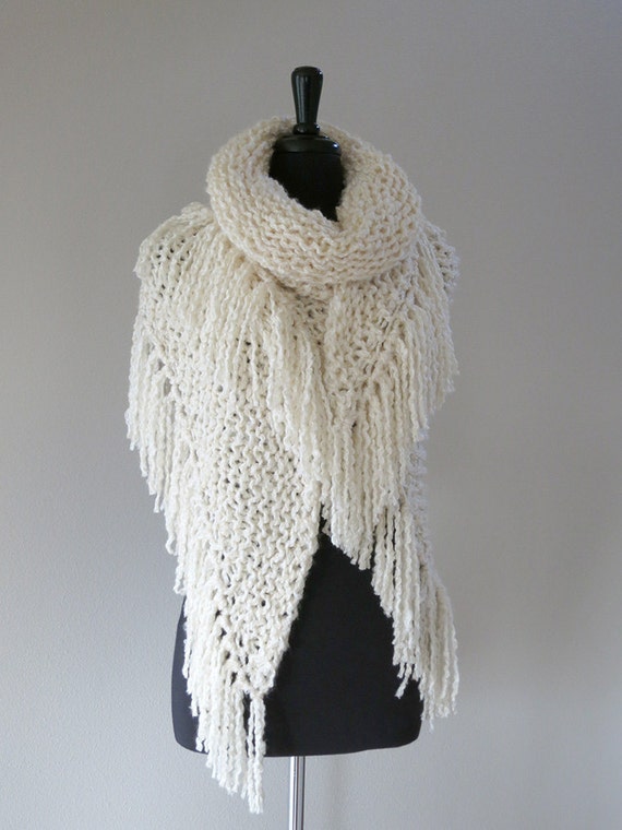 Off White Light Cream Ivory Eggshell Color Chunky Knitted Wedding Shawl Wrap Stole with Long Fringes