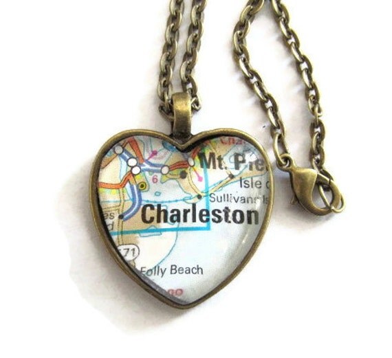 Charleston Map Necklace South Carolina Heart Pendant with
