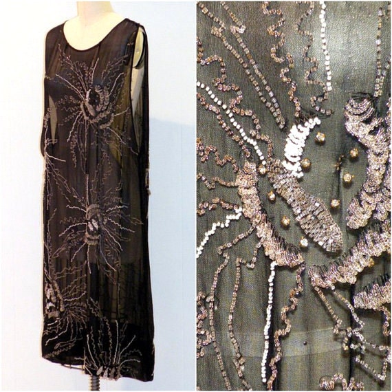 1920s Flapper Dress Heavily Beaded 20s Dress Black Silk