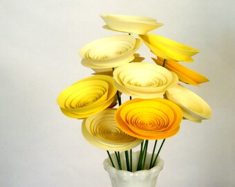 Sunshine Paper Flower Arrangement, Medium Paper Flowers in Yellow and Ivory, Cheerful Eco Friendly Home Decor