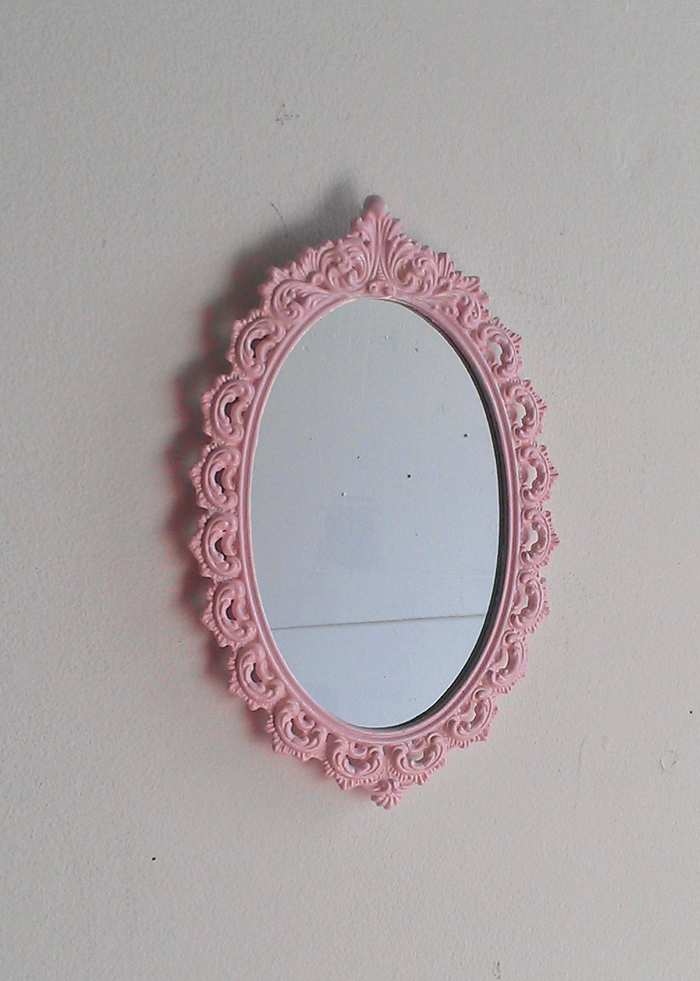 Vintage Pink Mirror in Oval Filigree Frame 8 by 5 Inches
