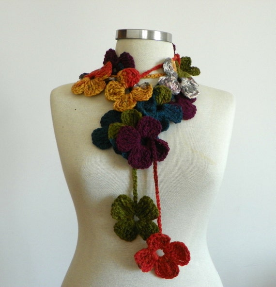 Crochet lariat scarf, handmade crochet flower neckwarmer autumn fall ...