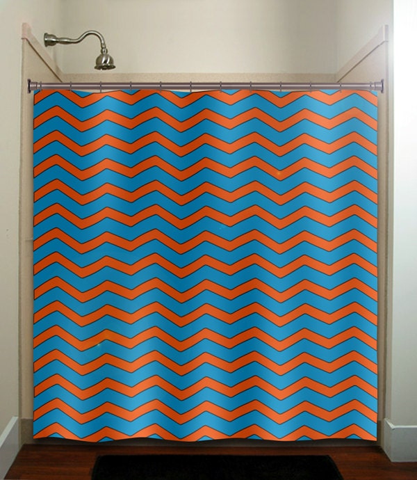 Deep Turquoise Blue Orange Chevron Bath Mat Rug Bathroom Decor Fabric Kids Bath